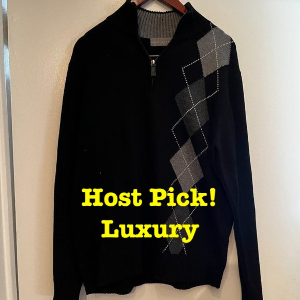 Oscar De La Renta Black Argyle Sweater – Zipper Collar – Size Medium